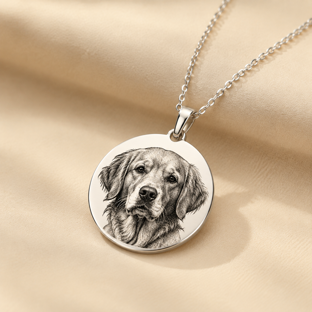 Custom Pet Photo Engraved Necklace – Personalized Round Pendant Keepsake